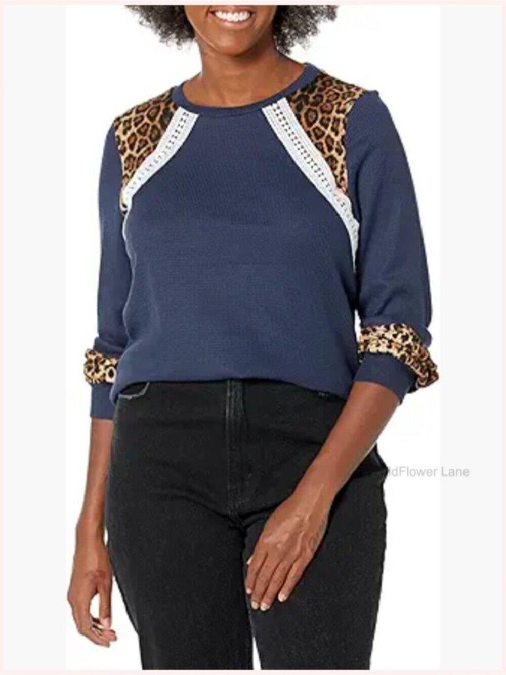 Leopard Print Long Sleeve Tunic Top Crewneck Lantern Sleeve Color Block Knit